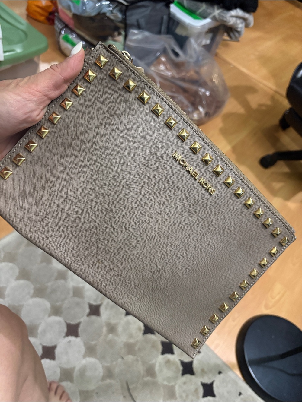 Michael Kors Taupe Leather Studded Zip Pouch with Gold Hardware